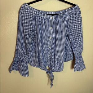 Lucky Brand Blue Gingham Off Shoulder Tie Front Top Medium